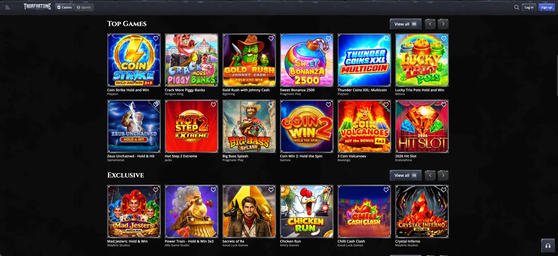 Selección de juegos principales y exclusivos de Thorfortune